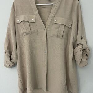 Calvin Klein Tan 3/4 Sleeve Button Down Shirt
